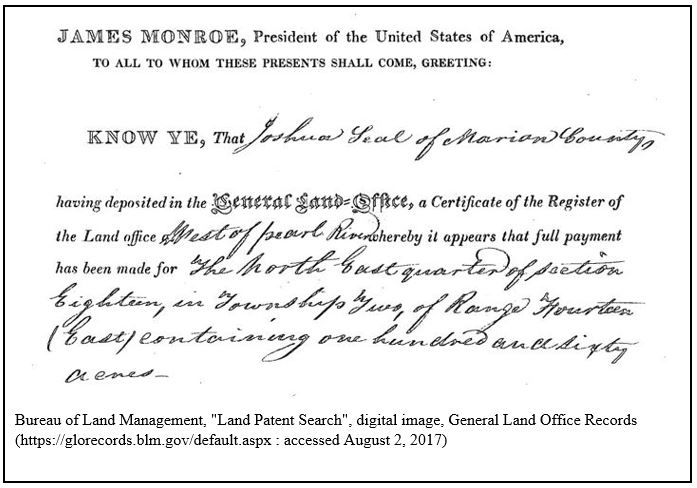 Joshua Seale's Marion County Mississippi Land Patent